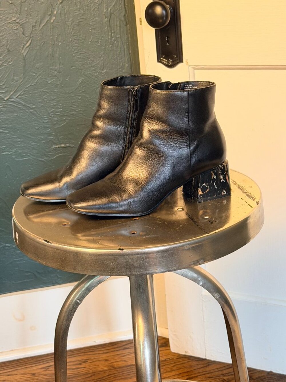 FARYL by Faryl Robin Black Leather Ankle Bootie | Marble Block Heel | Size 8